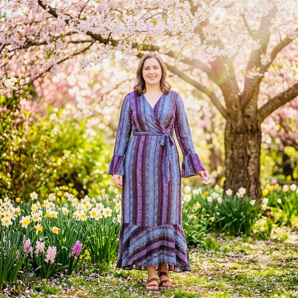 R.Vivimos Womens XL Floral Border Print Wrap Maxi Dress Bell Sleeve Purple Boho